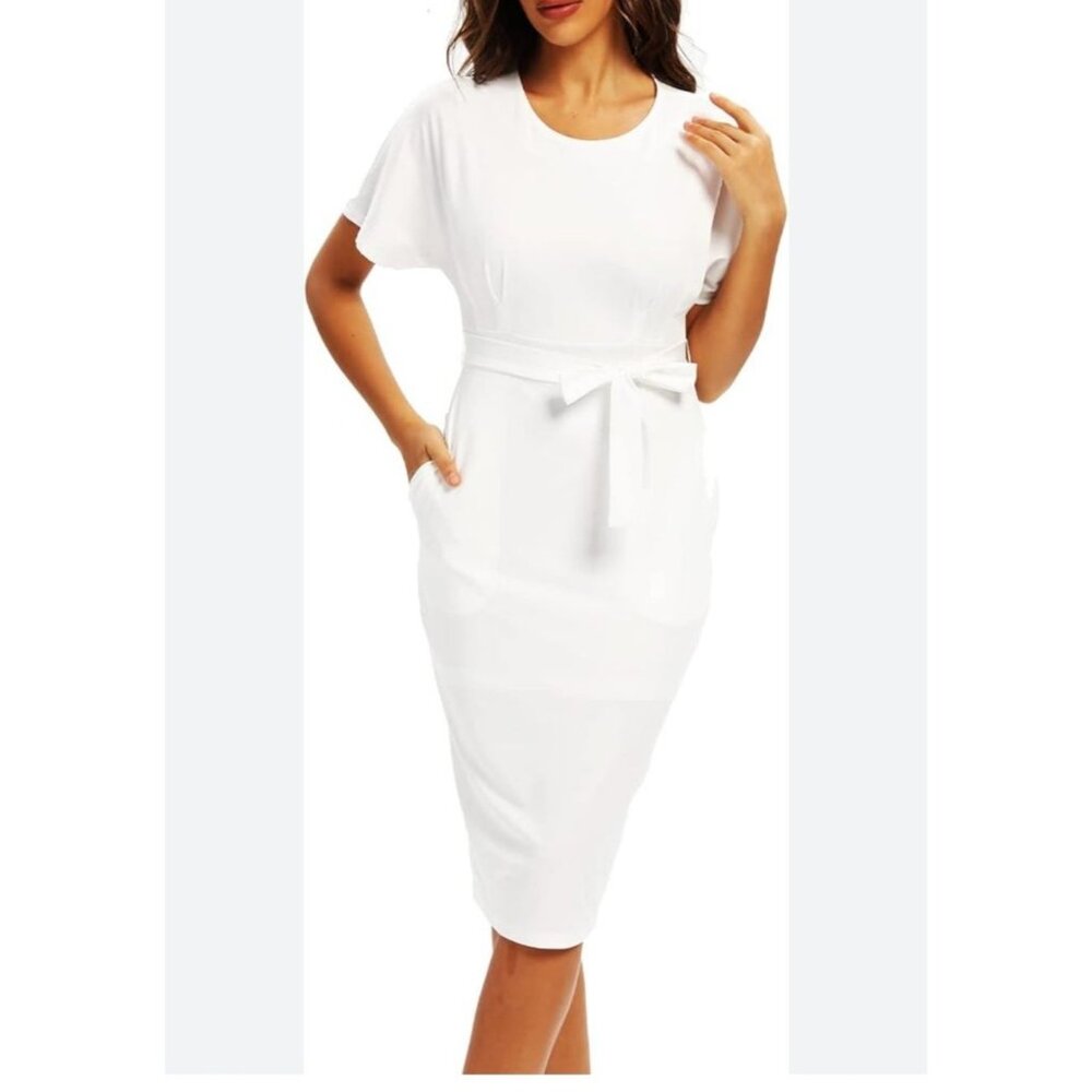 Allandwell Womens Size Large White Short Sleeve Midi Dress Belt Tie Waist Career